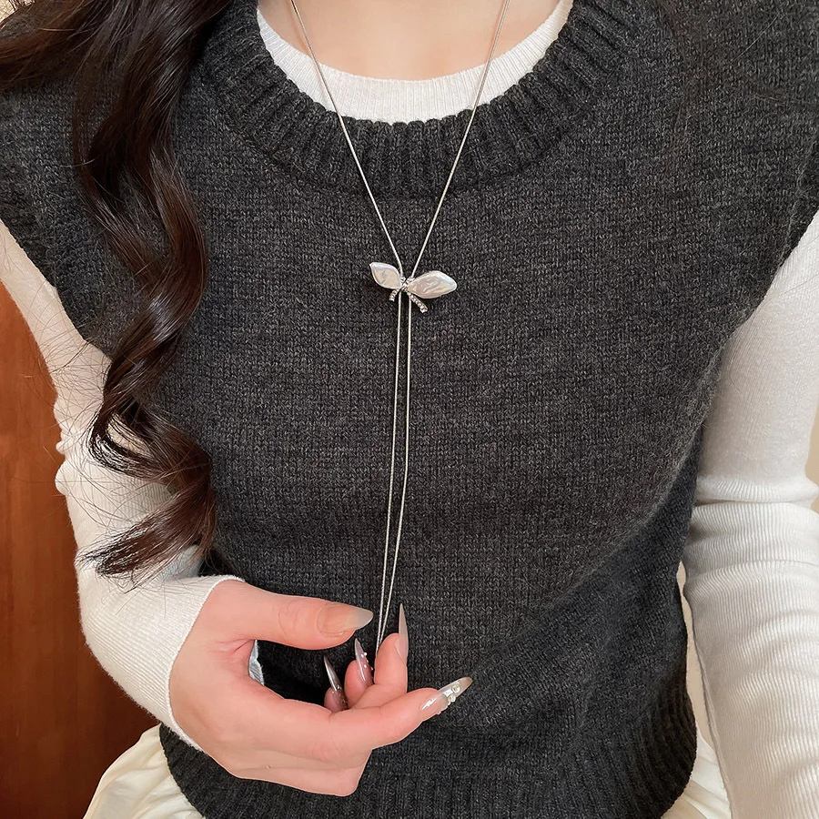Fashion Imitation Pearl Bowknot Drawstring Long Necklace for Women Geometric Sweater Chain Choker Party Jewelry Accessories