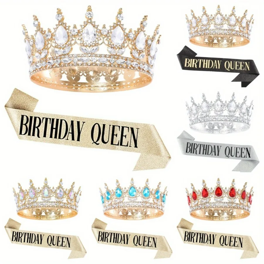 Bling Rhinestones Birthday Party Kit Tiara Crown Queen Sash Women Girl Happy Birthday Hair Accessories Prom Gifts Decorations