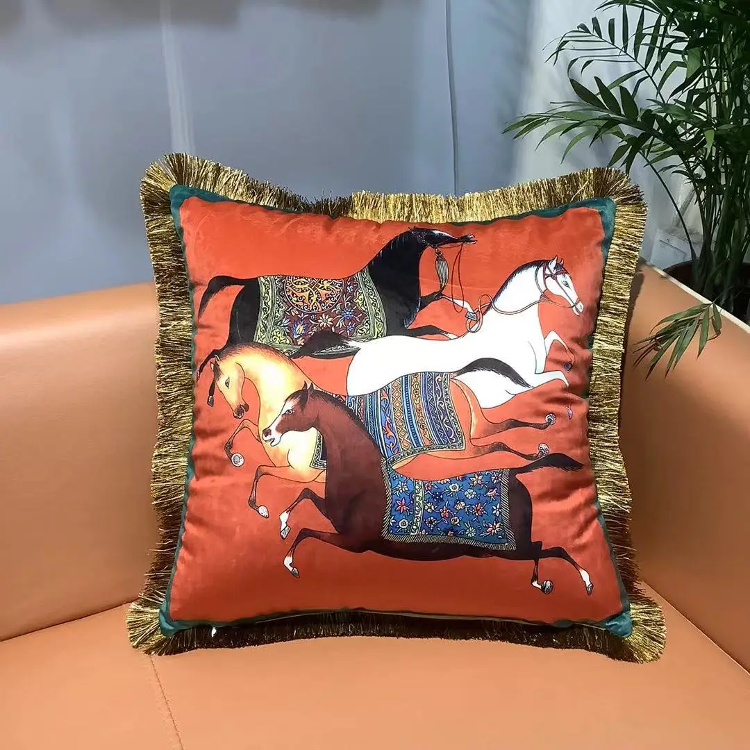 Double-Sided Waist Cushion Cover, Luxury Horse Pillowcase, Sofa Decoration, Retro Tassel, Square, Living Room