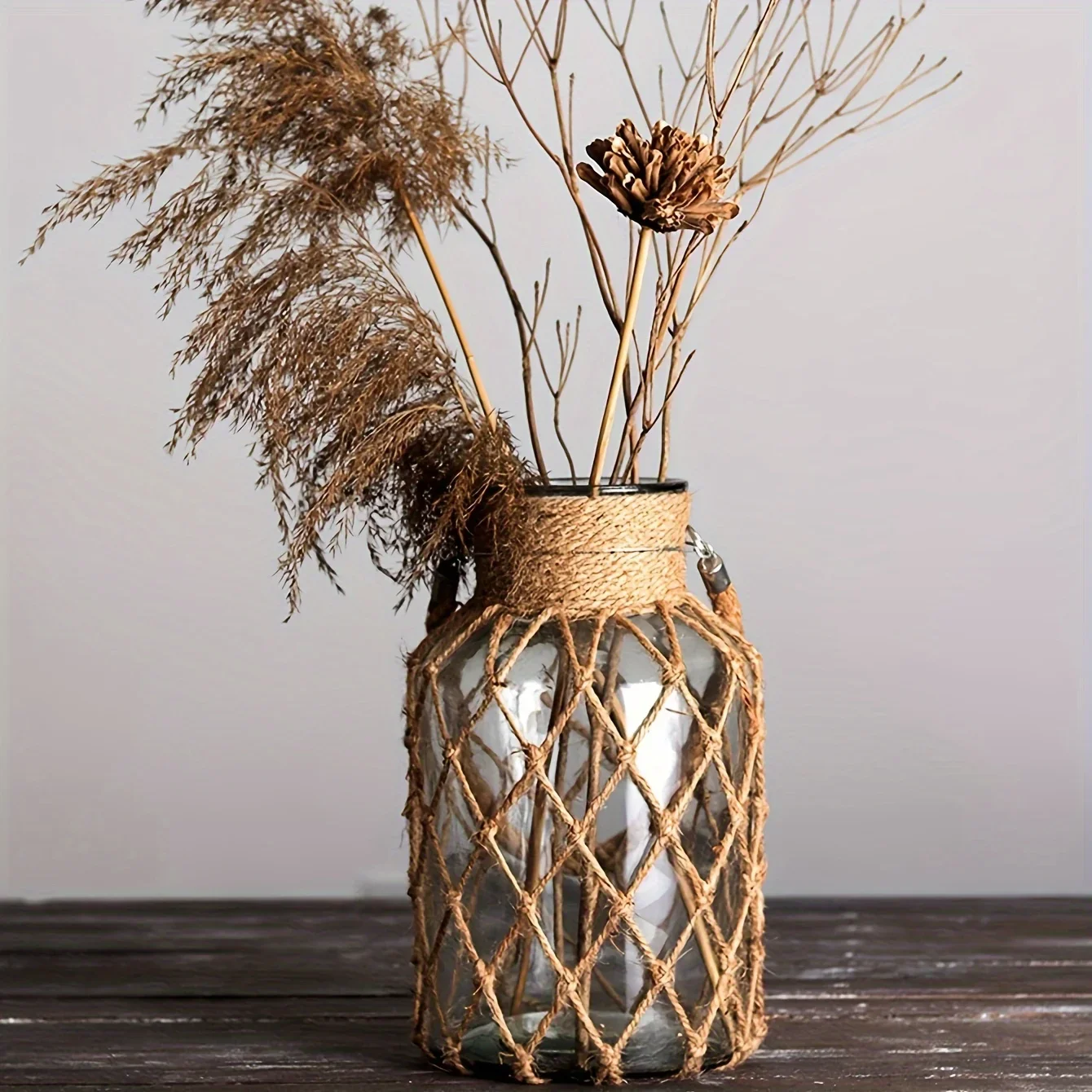 Bohemian Vintage Creative Handwoven Mesh Pocket Clear Glass Vase Portable Floral Hydroponic Vase Decorative Ornament