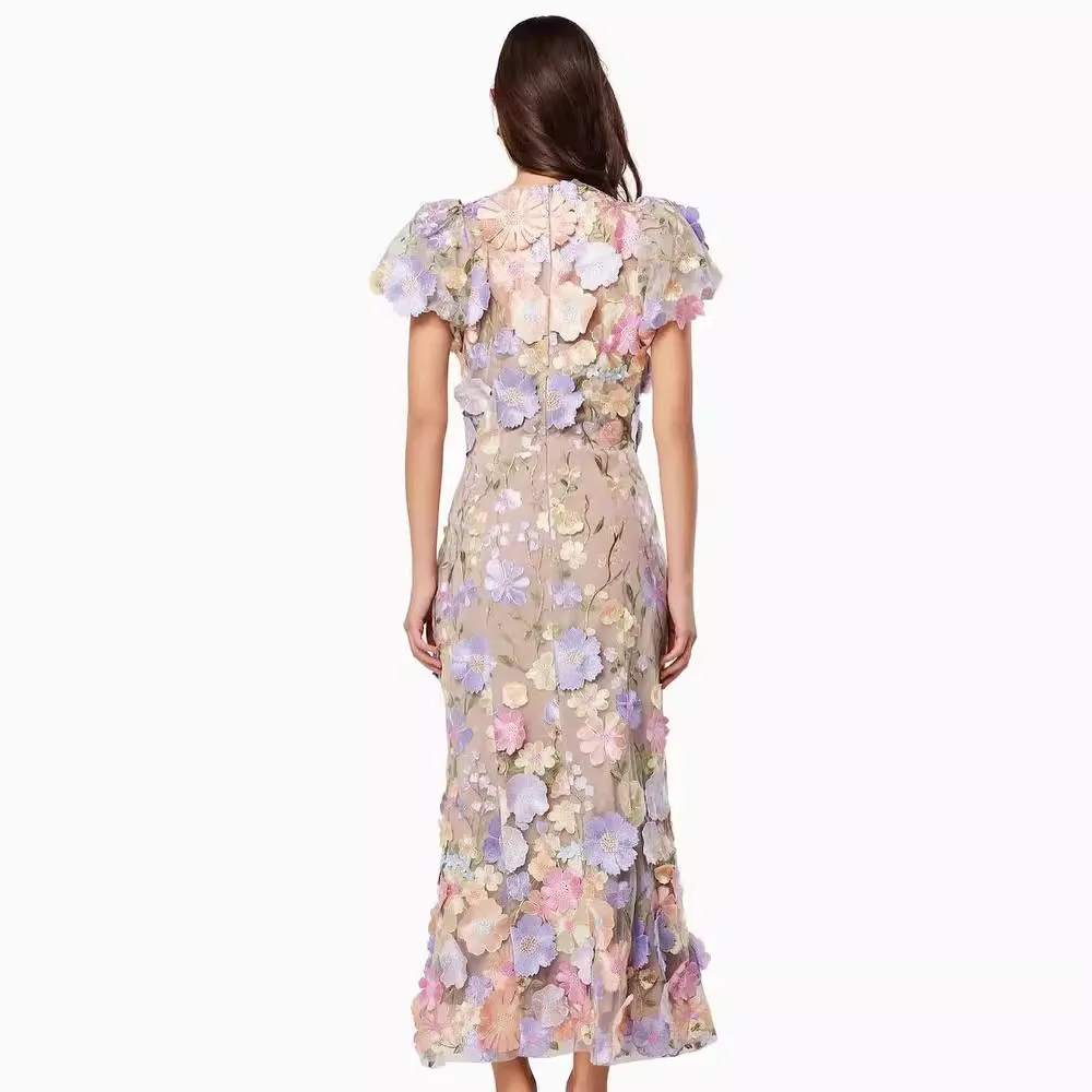 Spring Light Luxury Round Neck Embroidered Mesh Lace 3D Flower Female Bubble Sleeves Mid Length Dress Wrapped Hip Fish Tail