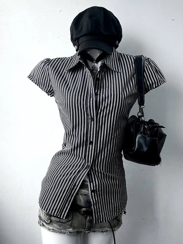 

Оригинальный Faionable Stripe irt Waist Cinching ort Sve Ретро Топ Лето Новое поступление Корейский Sle Commute Wind Женский ...