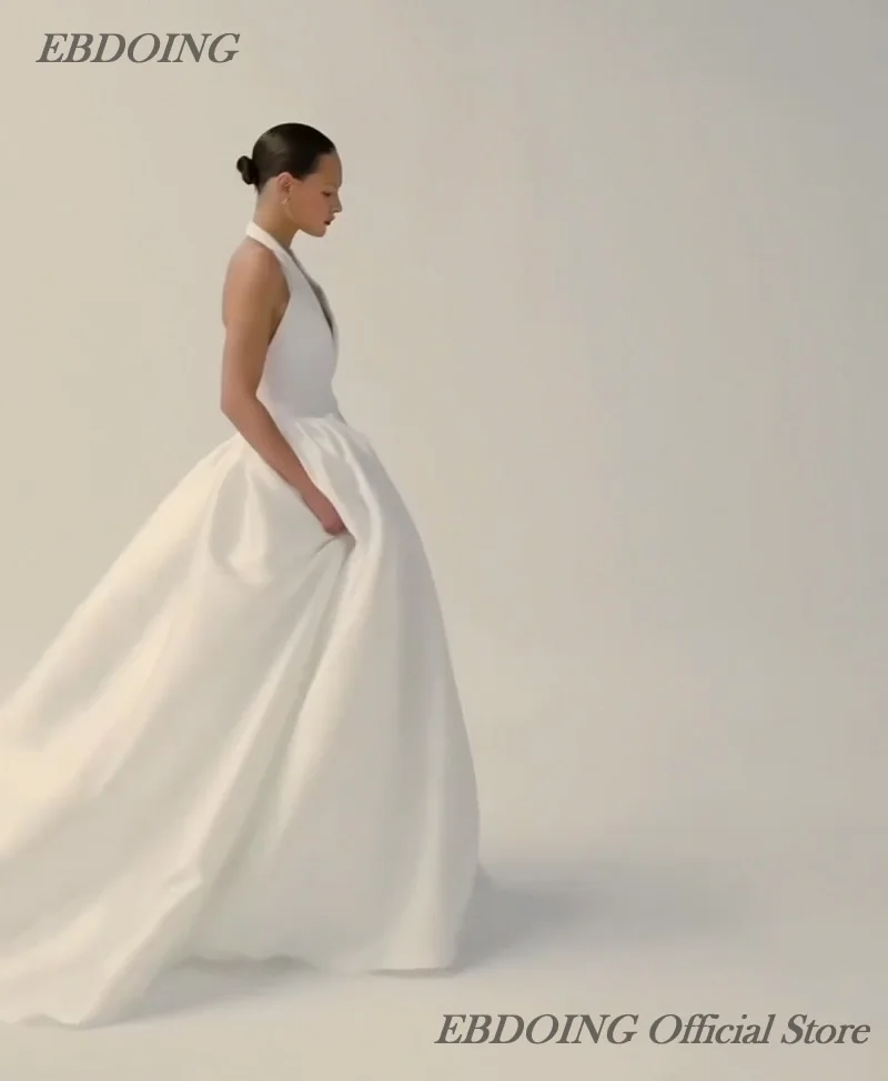 EBDOING Customized Wedding Dress A-Line Satin Halter Neck Neckline Sleeveless Customized Bride Gowns