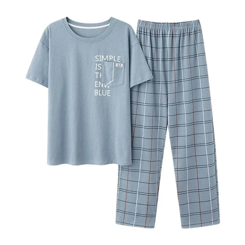 New Summer Fashion Men\'s Sleepwear Soft Cotton Pajamas Set for Gentleman Round Collar Grey Plain Loose Loungewear for Young Man