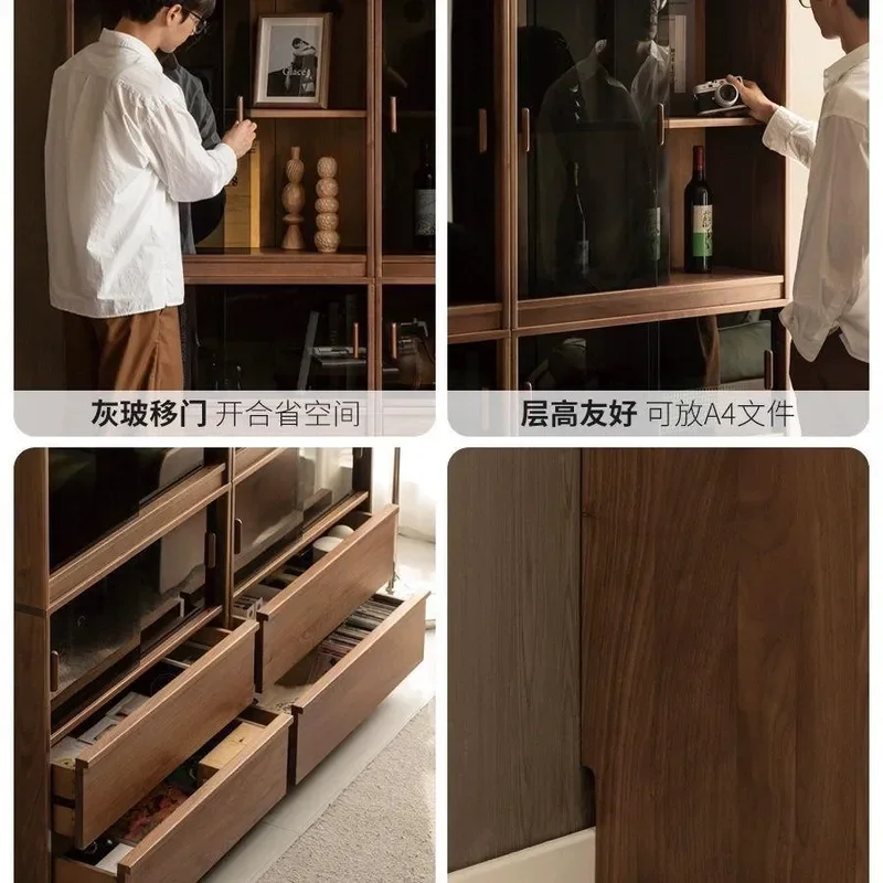 New North American Black Walnut Simple Mirror Modular Bookcase Floor Standing Combination Skeleton Line Design