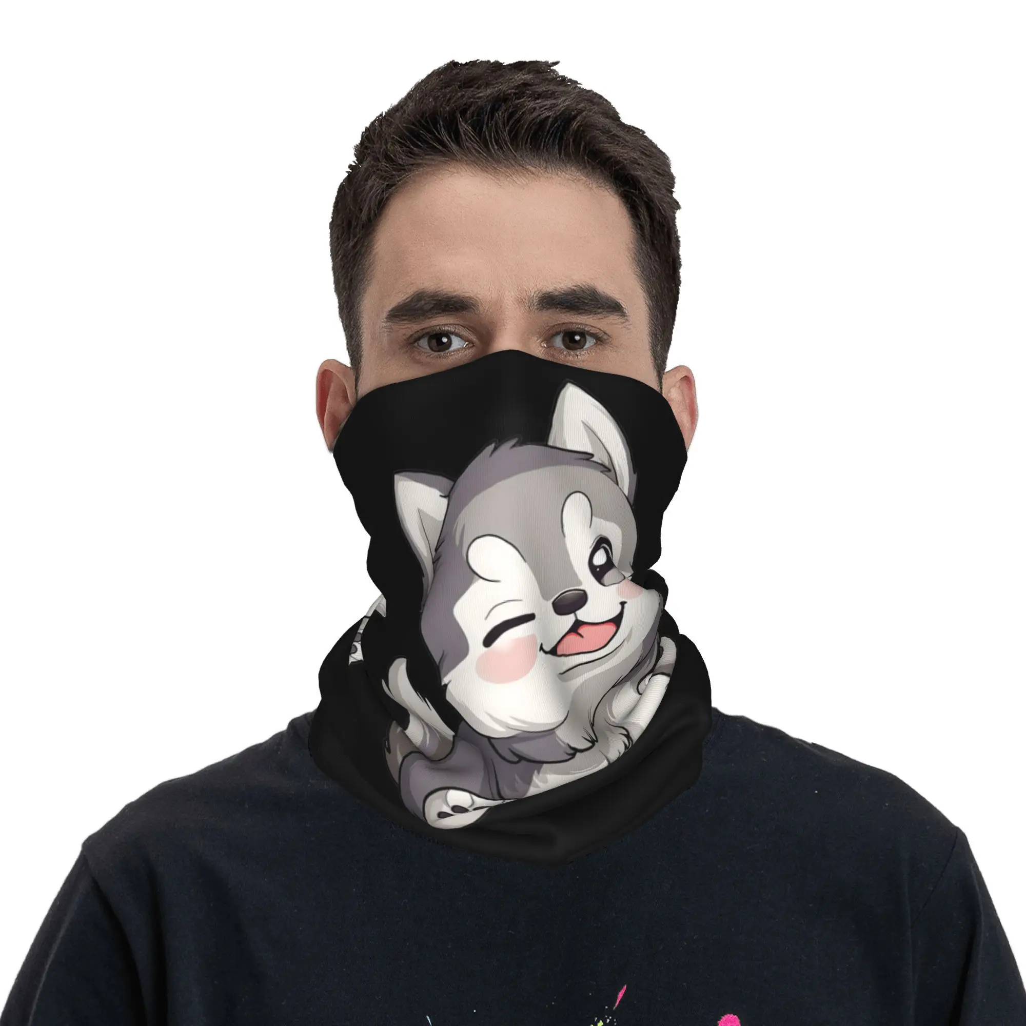Cute Winking Kawaii Husky Bandana Neck Gaiter Printed Mask Scarf Multi-use Balaclava Outdoor Sports Unisex Adult Breathable