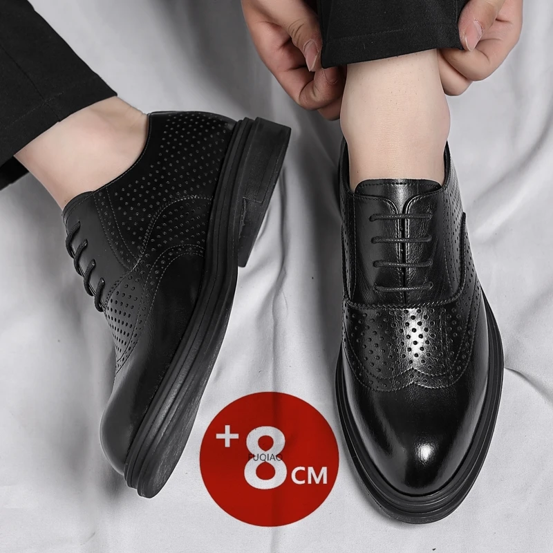 

New Spring Summer Hollow Platform High Heel 6/8 CM Height Growth Formal Men Derby Leather Shoes Man Wedding Dress Elevator Shoes