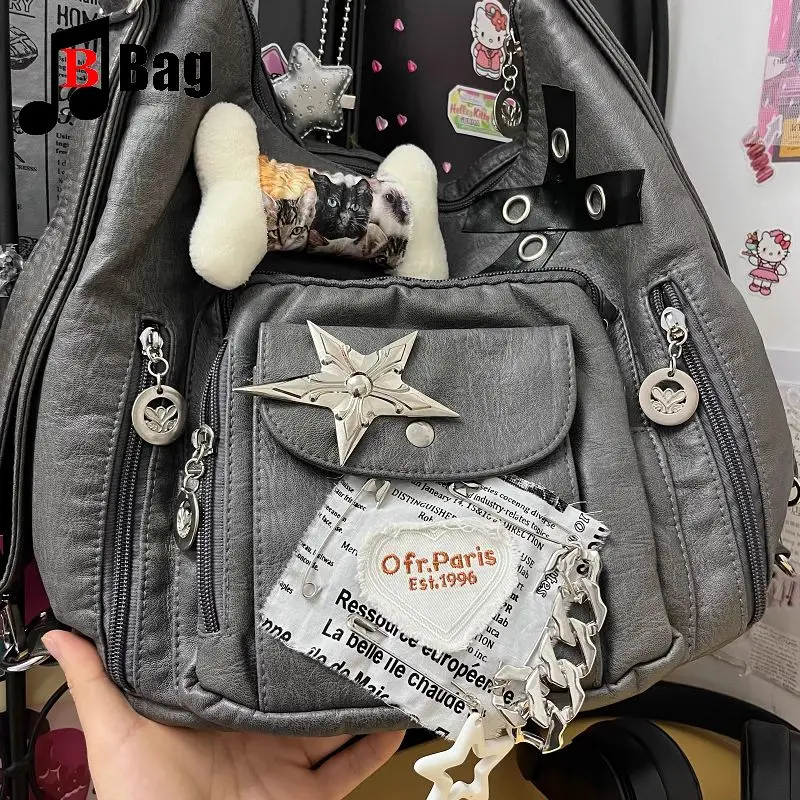 Y2K Gothic Women Lolita Spicy Girls Punk One Shoulder Handbags Harajuku Female Grade Grey Star Bone Soft Skin Underarm Bag Totes