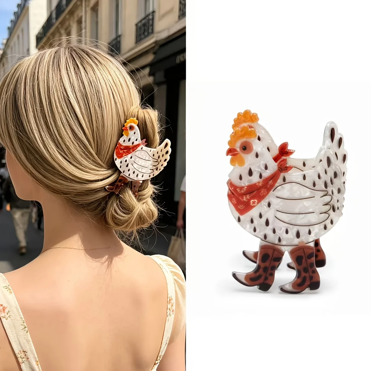 1Pc Cute Western Spotted Chicken Hair Clip with Boots and Red Scarf, Funny Back-Of-The-Head Hair Accessory