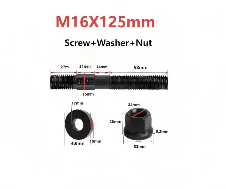 Middle hexagonal screw+washer+nut,Stud bolt,M16,12.9 Grade,Double-ended bolt,pressing plate screw,Stud Screw Rod,1 set
