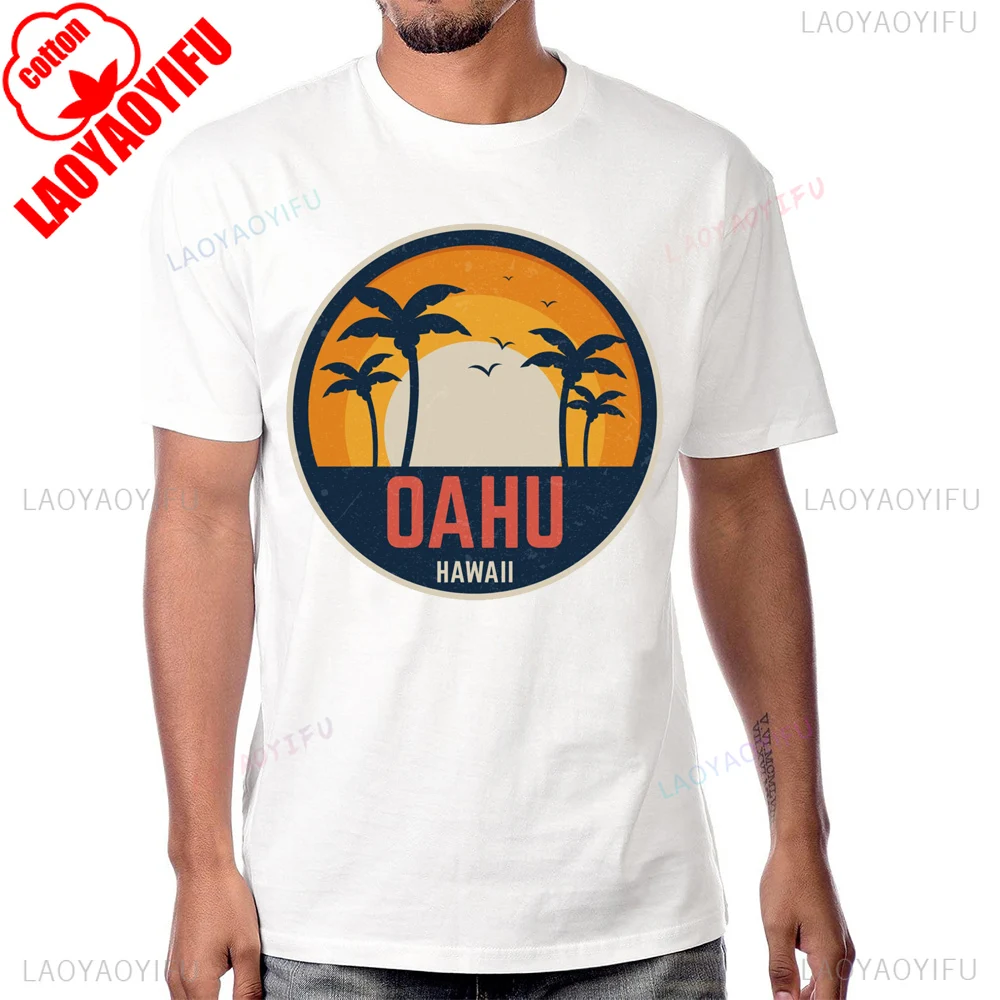 شجرة جوز الهند شاطئ الغروب OAHU هاواي تي شيرت تقليدي الصيف نمط قصير الأكمام رجل التي شيرت Harajuku التنفس الراحة القطن تيز