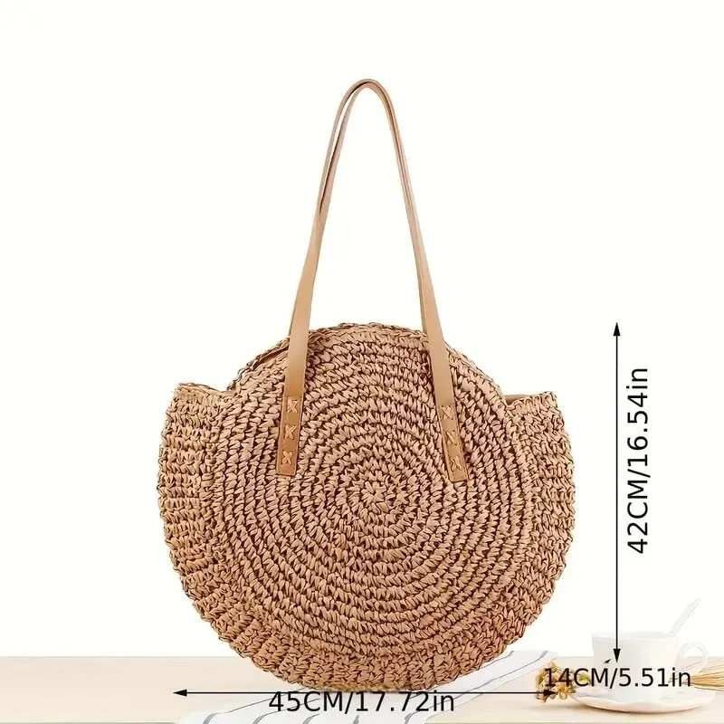 Hollow Woven Straw Bag Round Vacation Shoulder Bag Large Capacity Simple Round Woven Beach Bag Casual Shoulder Bag Travel