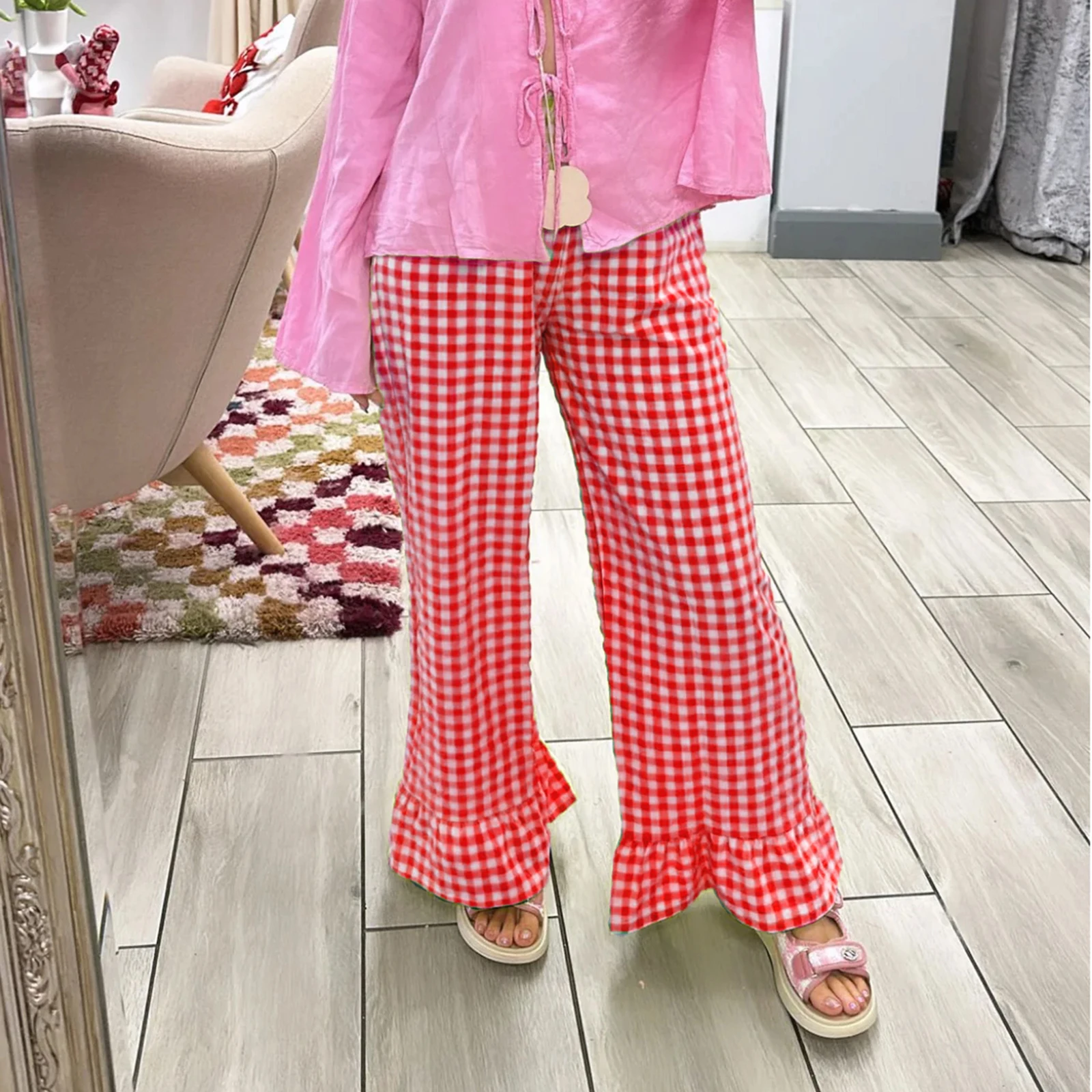 Gaono Women Y2K Plaid Print Flared Pants Ruffle Hem Gingham Long Trousers Elastic Waist Loose Fit Long Bottoms