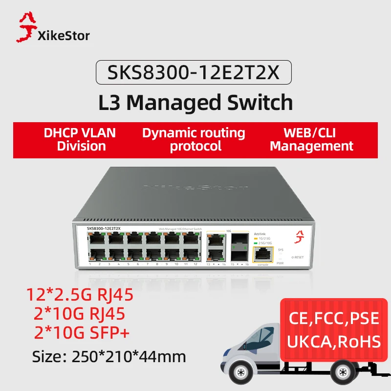 XikeStor L3 Managed  12*2.5G RJ45 ports 2*10G RJ45 ports 2*10G SFP+ ports WEB/CLI Managed Support DHCP/VLAN