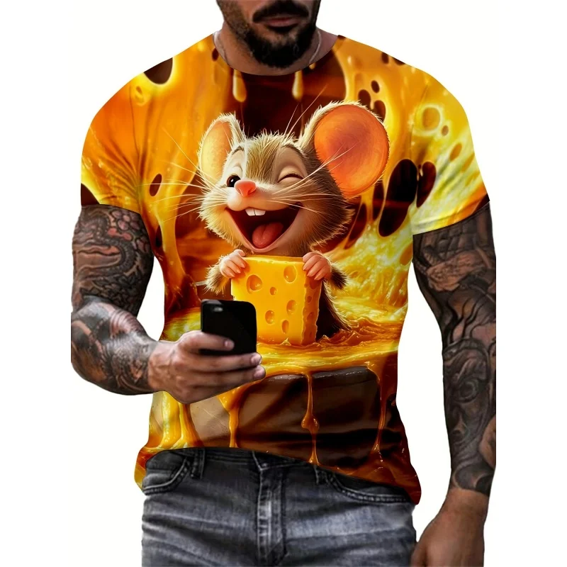 Men's Vivid 3D Cartoon Mouse Cheese Liquid Print Full Short Sleeve O-Neck T-shirt Summer Novelty Street Daily Casual Top