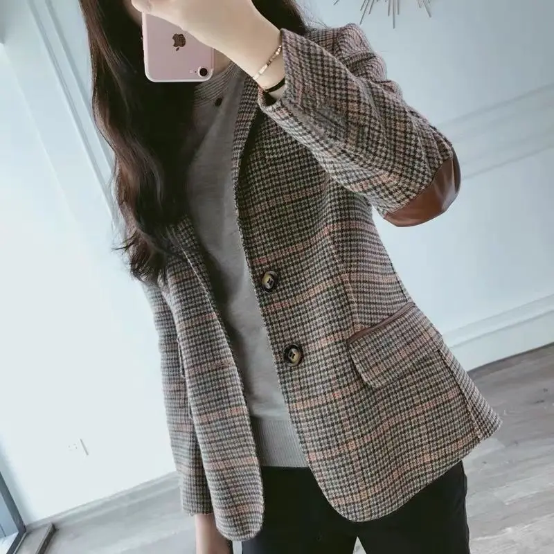 Britischen Stil Schlanke Frauen Plaid Blazer Patch Ellenbogen Patchwork Frauen Klassische Blazer Mantel Formale Dame Einreiher Outwear Mantel