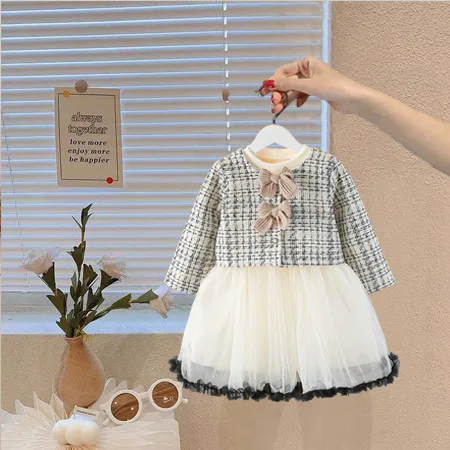 Spring Autumn 1-8Y Girl 2PCS Clothes Set Patchwork Bow Houndstooth Kid Girl Coat Contrast Breathable Mesh Girl Bubble Dress Suit