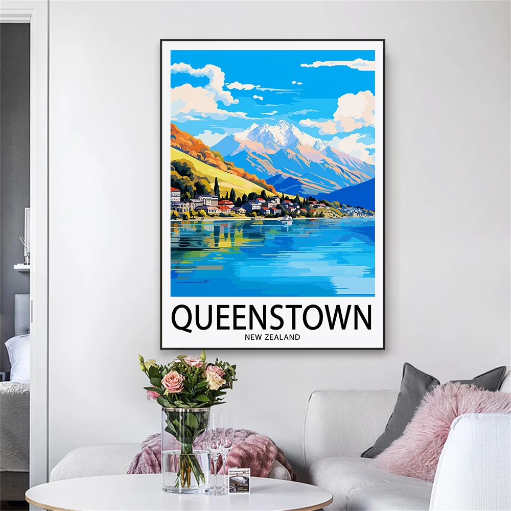 ملصق سفر كوينستون ، طباعة فنية لمناظر طبيعية نيوزيلاندية ، لوحة قماشية ملونة ، ديكور غرفة منزل حديث