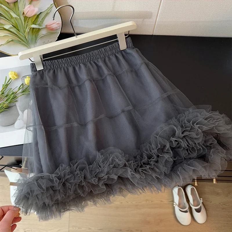 

Korejpaa Mesh Splicing Fluffy Mini Skirt Women Spring 2025 Korean Style High Waist Slimming A-line Short Skirts Gentle Clothes