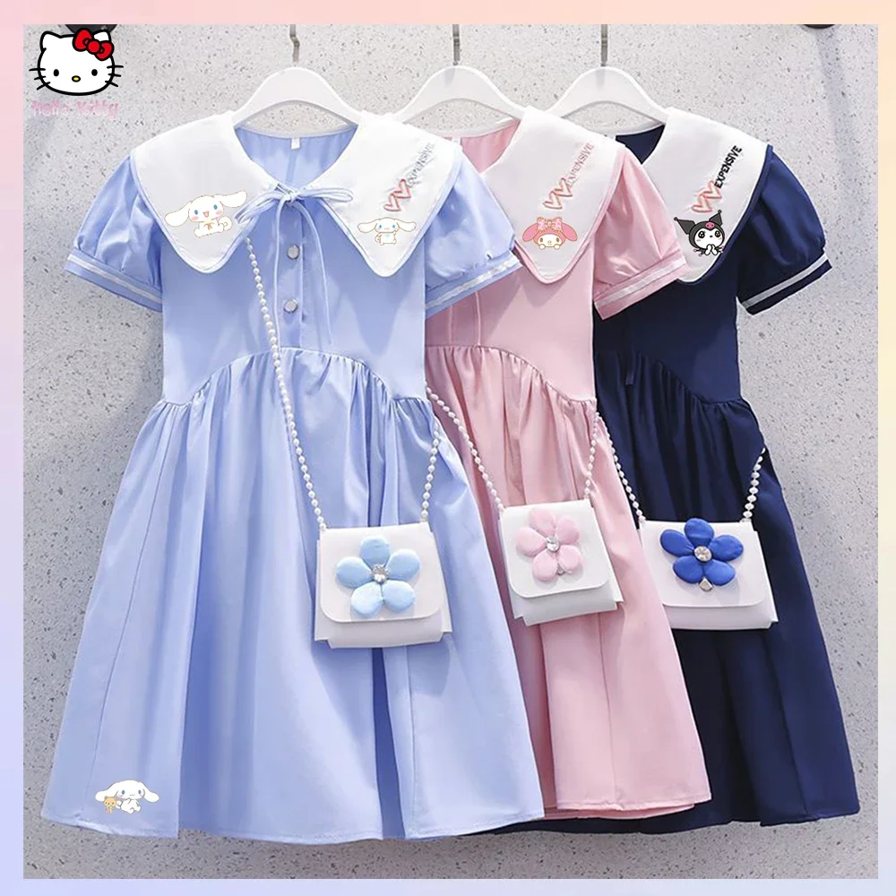 Sanrios Cinnamoroll Girl's Dress Anime Kuromi Princess Cartoon Youngster Skirt Student Cute Doll Collar Sweet Short Sleeve Dress