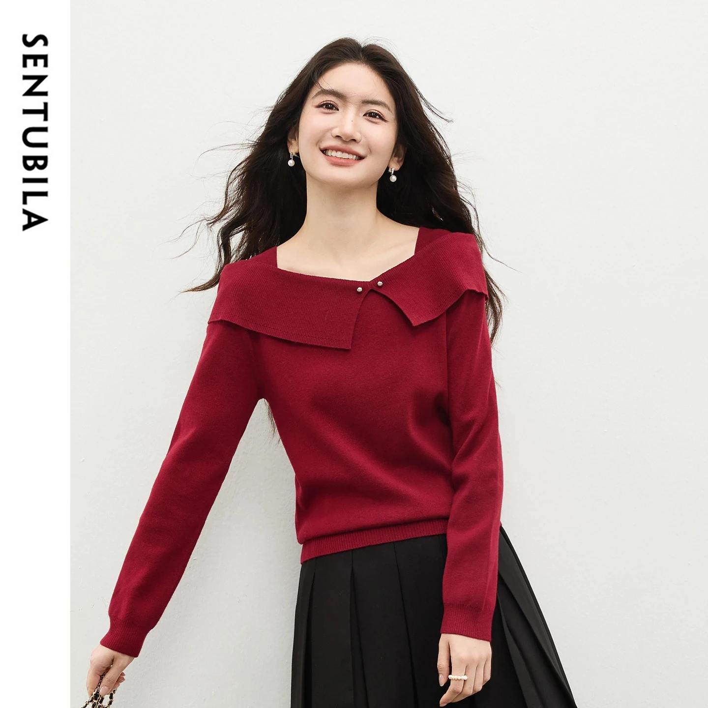 SENTUBILA Women's Burgundy Sweater One Piece Lapel Collar Metal Button Detail Spring Casual Knit Long Sleeve Pullover W61HA6121
