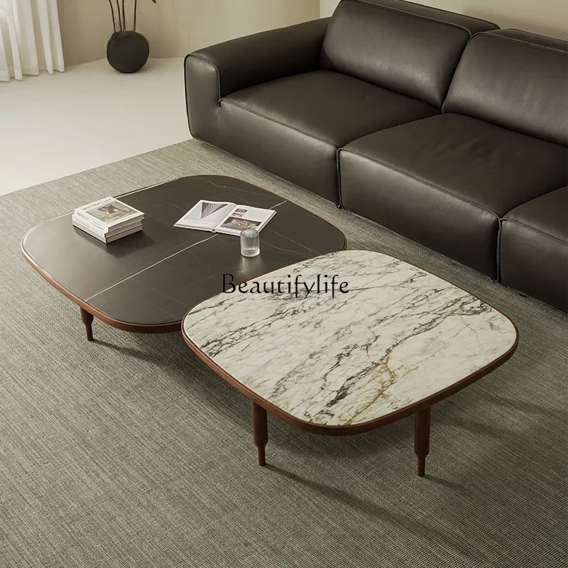 

02ls 18 **Italian minimalist marble low coffee table new high-end tea table black walnut