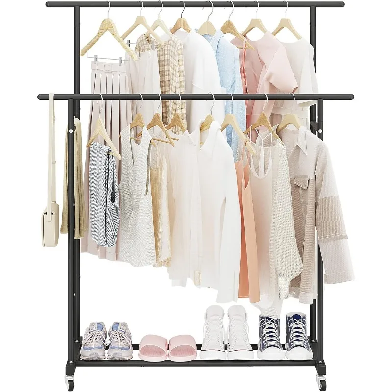 Double Rod Clothing Garment Rack,Rolling Hanging Clothes Rack,Portable Clothes Organizer for Bedroom,Living Room