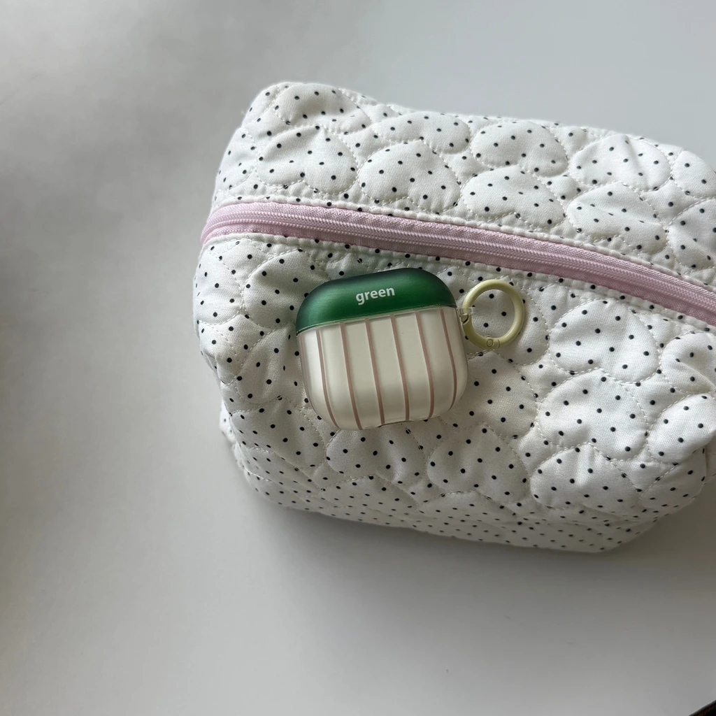 Korean Minimalist Green And White Vertical Stripe With Dog Pendant Earphone Cover Case for AirPods 1 or 2 3 4 Pro 2 Pro 3