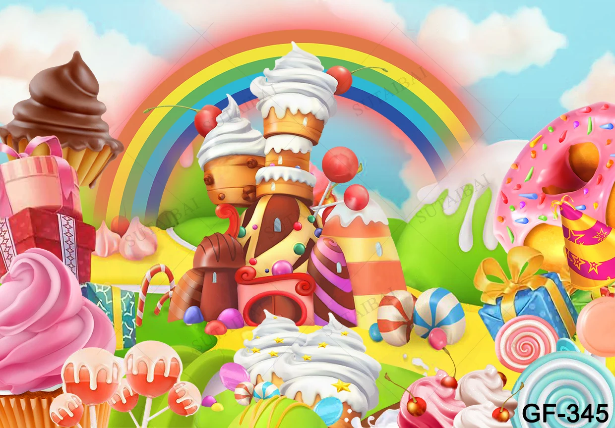 Candy House Photography Background Dreamy Scene Rainbow Decorate Present Children Happy Sweet Photocall Photo Studio Photophone