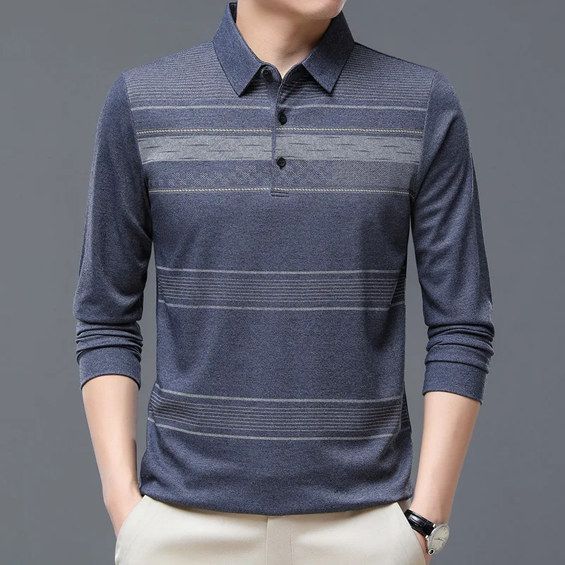 2023 Spring Autumn Casual All-match Striped Polo-Neck T-shirt Male Clothes New Fashionable Classic Thin Men\'s Long Sleeve Tops