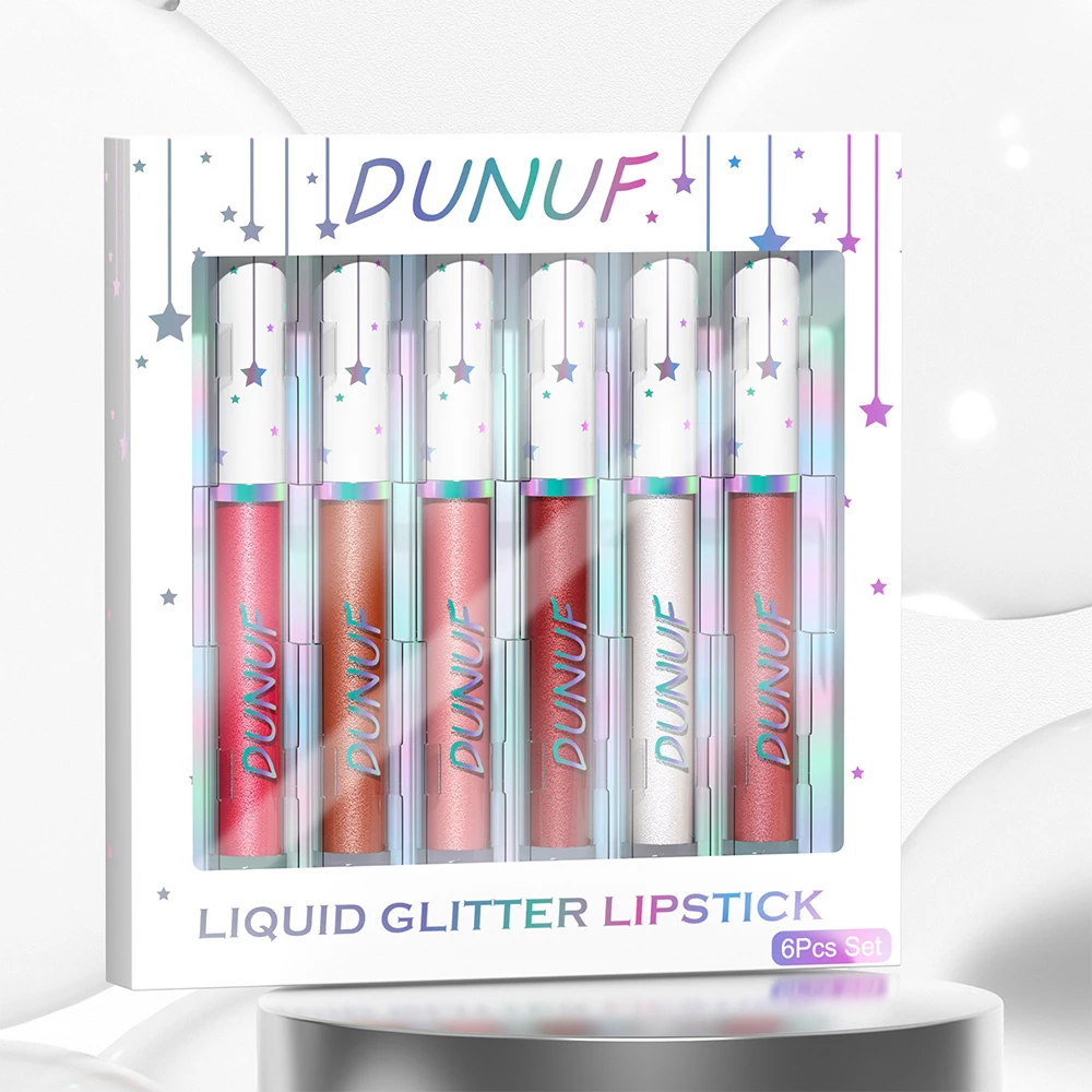 DUNUF-Juego de brillo de labios con purpurina, 6 uds., belleza para mujer, tinte de labios brillante de diamante, resistente al agua, lápiz labial líquido de larga duración, cosméticos, maquillaje