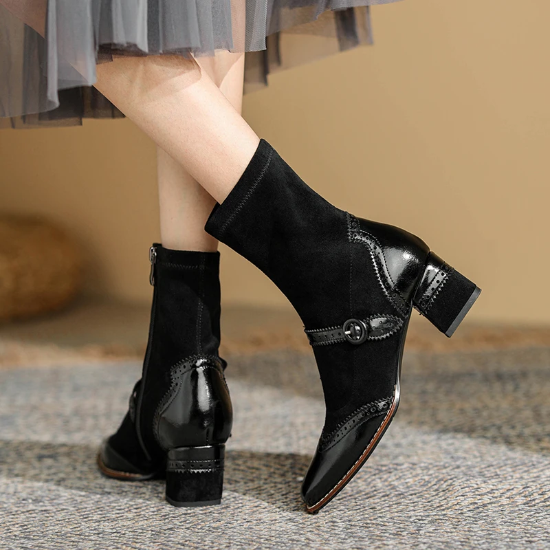 Genuine Leather Mary Jane Women Boots Fashion Retro Buckle  Ankle Boots Square Toe Thick Heel Handmade Autumn Winter Shoes Woman