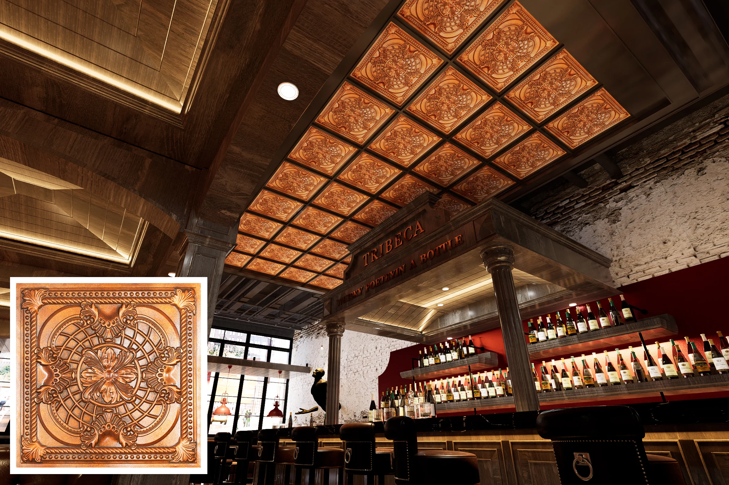 Tin Ceiling Tiles Art Décor Easy to Install PVC Panels Rustic Accent Wall Décor for Cafe Club 10pcs/lot PL31 Archaic copper