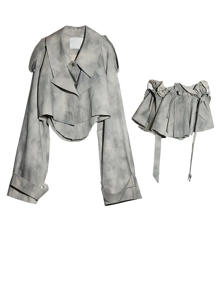 [EAM]  Gray Big Size Jacket Half-body Skirt Two Pieces Suit New Lapel Long Sleeve Women Fashion Tide Spring Autumn 2024 1DH7068