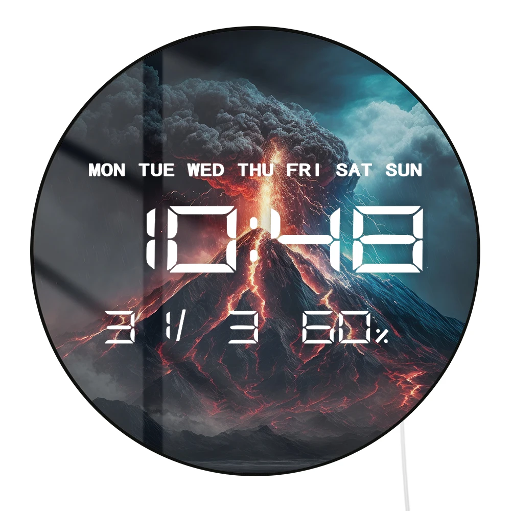 Volcano Eruption with Lava Electronic Wall Clock Big Digital Display Calendar Date Temperature Automatic Dimming 12/24hr Format
