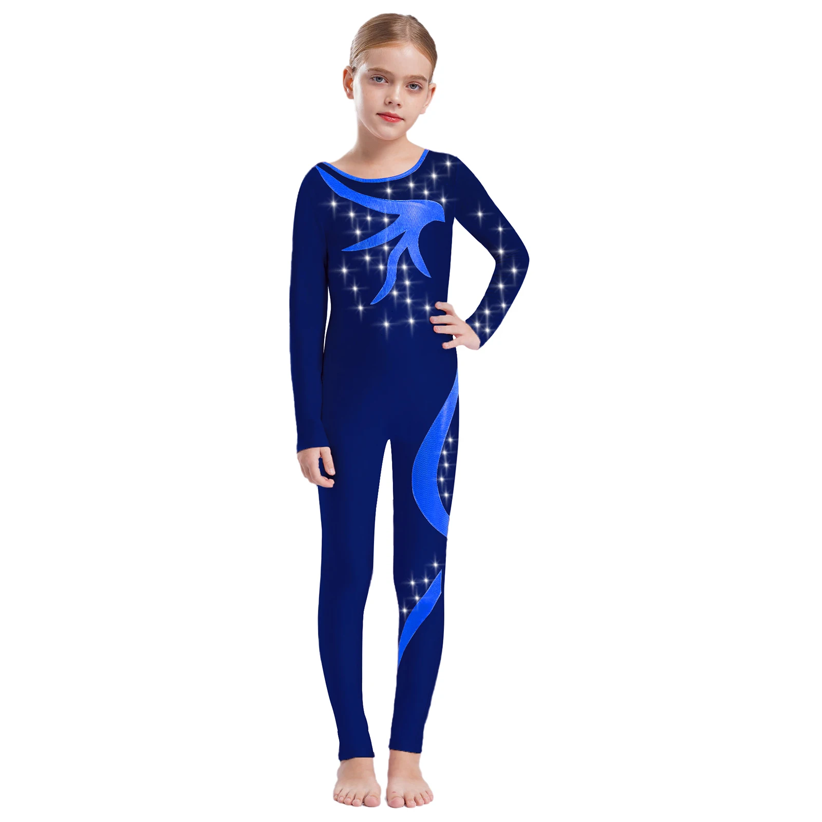 

Kids Girls Rhythmic Gymnastics Leotard Jumpsuit Shiny Rhinestones Sheer Mesh Patchwork Full Length Bodysuit for Figure Skating