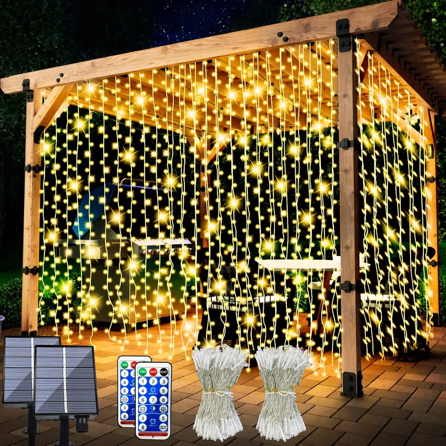 

2 Pack Solar Curtain Lights, 300 LED 8 Modes Waterproof Solar Waterfall Fairy String Light decor for Patio Garden Party Wedding