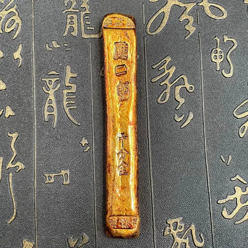 Old golden gold bars and ingots, aged brass gilded solid crafts ornaments by Chen Erlang