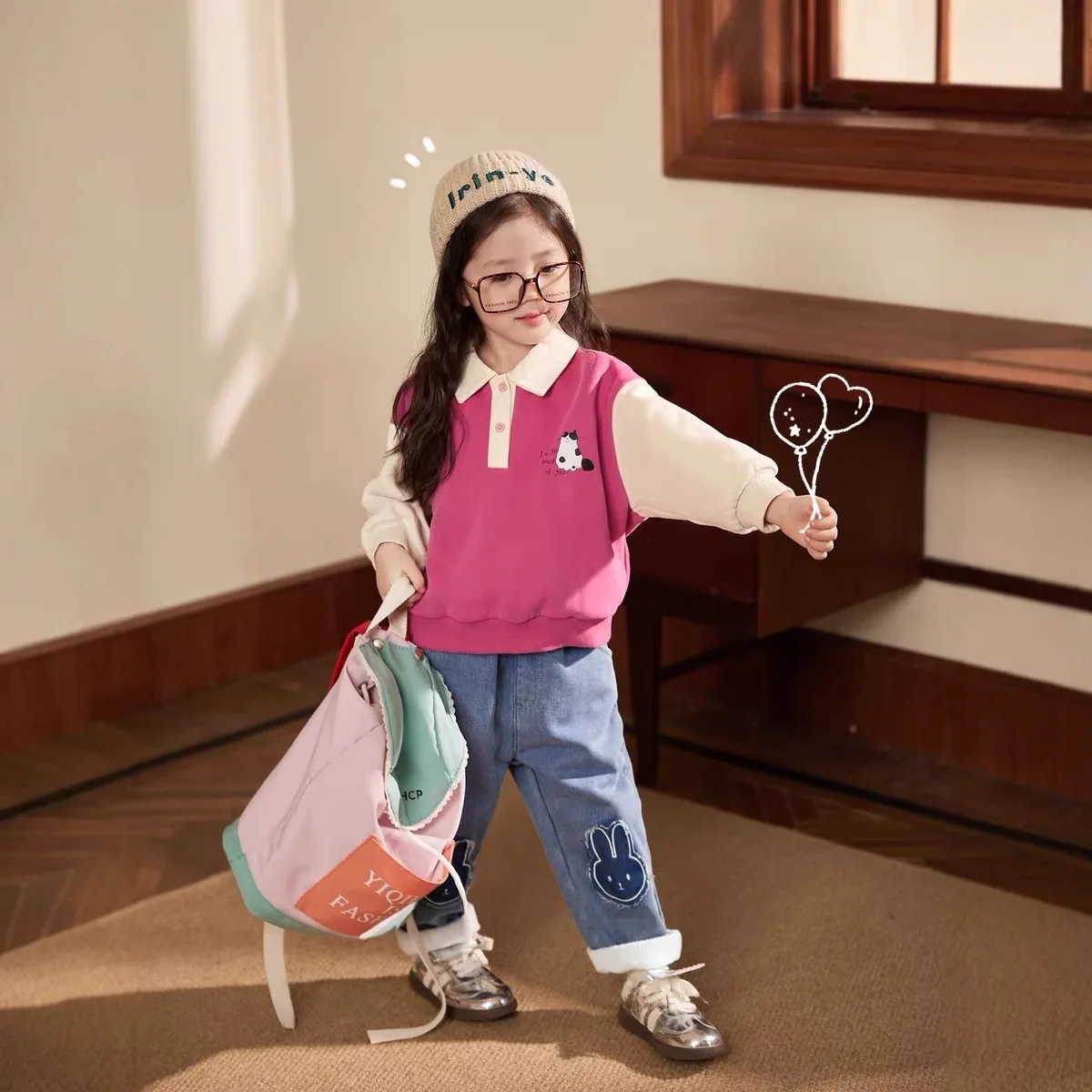 Cream Home Clothing Baby Polo Collar Hoodie Women's Color Contrast 2025 Winter Clothing Baby Plush Long Sleeve Top Trendy