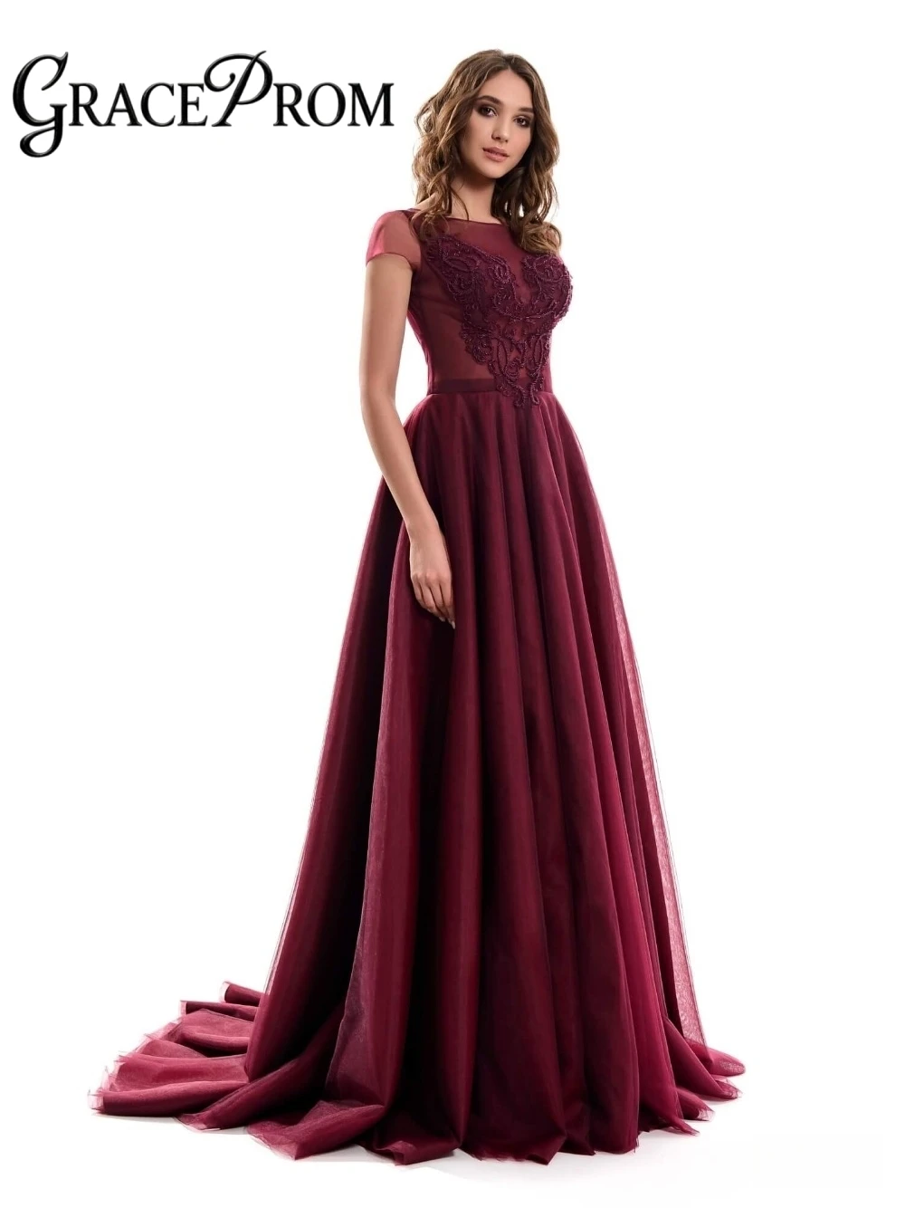 

Burgundy A Line Beading Evening Dress Illusion Top Short Sleeves Popular Mother Of the Bride Dresses Customized For Women