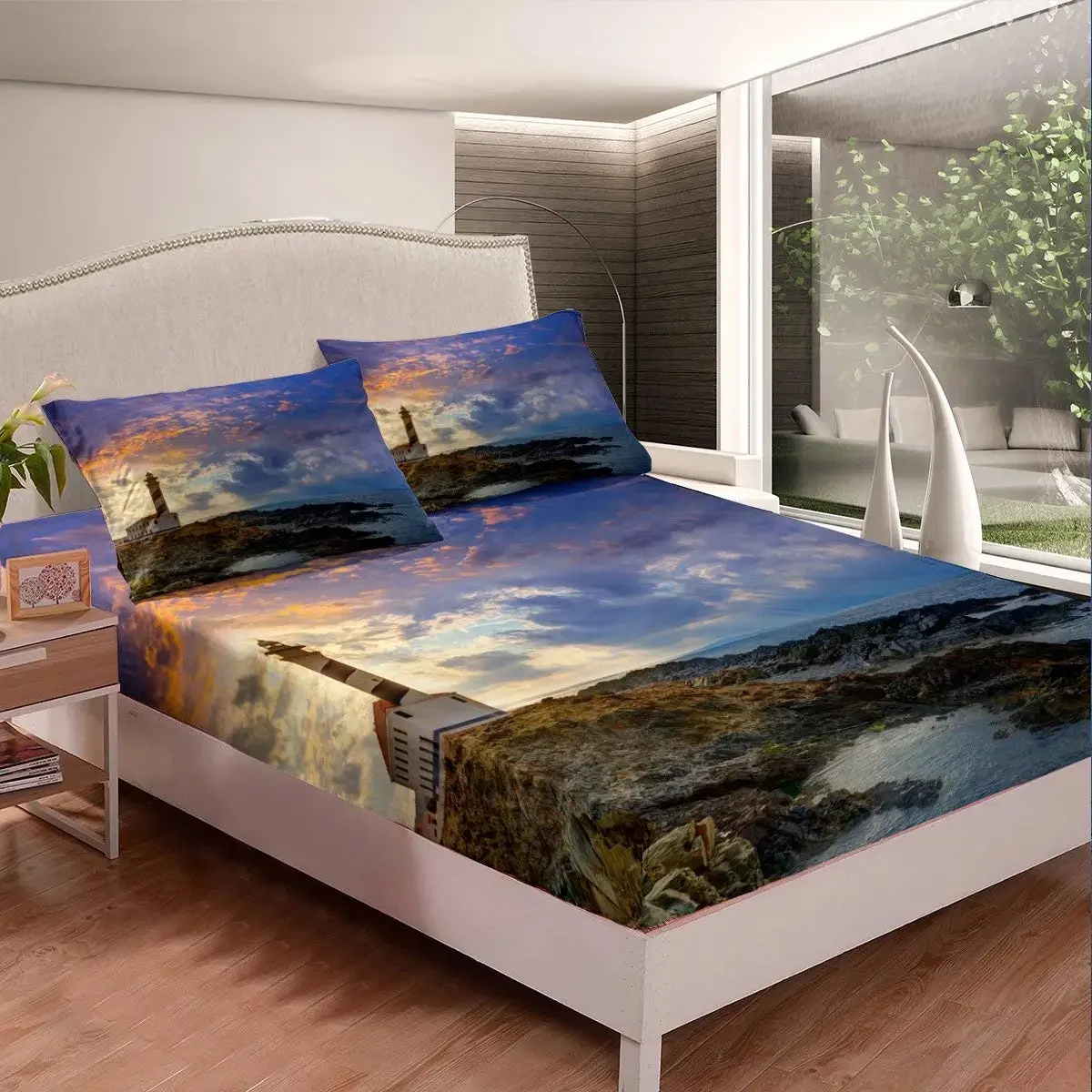 

Lighthouse Fitted Sheet, Cap de Favaritx Sunset Lighthouse Cape in Mahon at Balearic Islands Spain Coast, Bedding Elastic Pocket