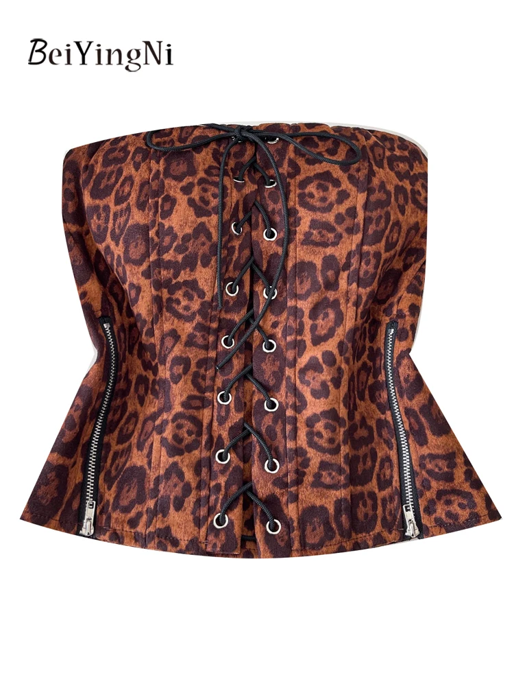 

Beiyingni Sexy y2k Tank Top Female Leopard Print Vintage Streetwear Strapless Vest Women Bandage Zipper Elastic Korean Camis