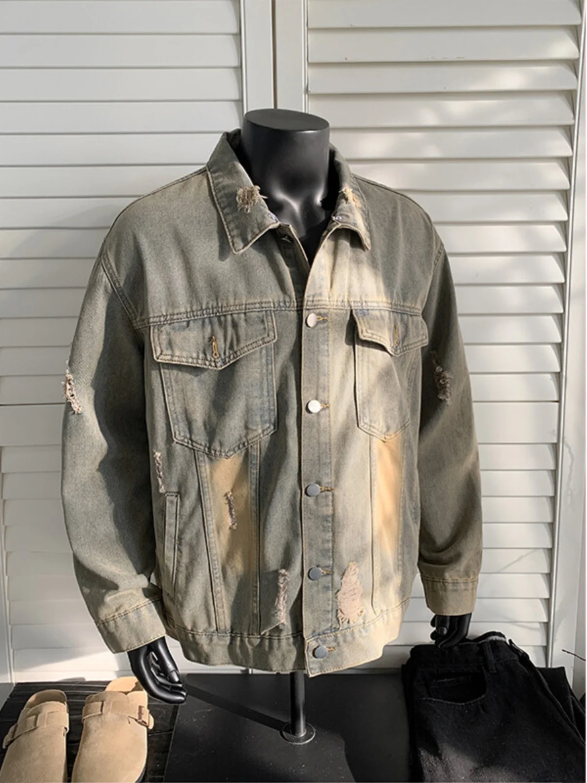 

Waed Vintage Yellow Mud Color Men's Denim Jaet Spring Design Ripped Collar Jaet American High Street Jeans Jaet