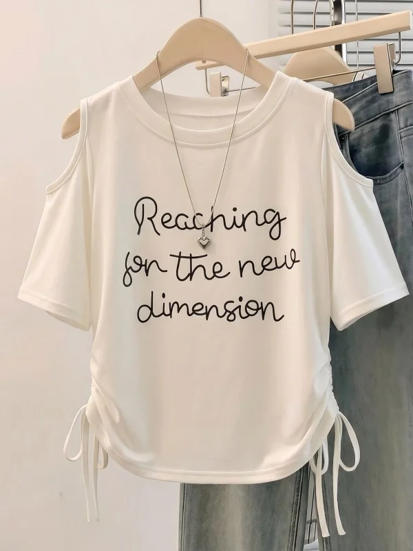 

Design Sensation Hollow out Shoulder Short Sleeve Women's T-shirt Summer New Style plus Size Drawstring Uneven Top Korean Style