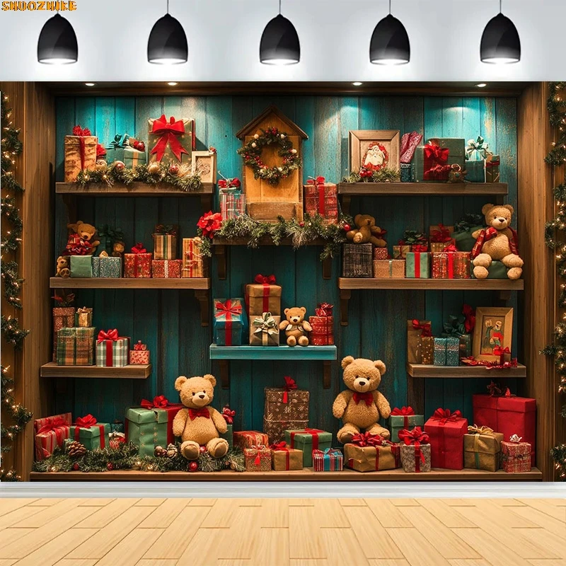 

Christmas Day Wreath Family New Year Party Photography Backdrops Prop Window Living Room Xmas Tree Gift Snow Background WD-22