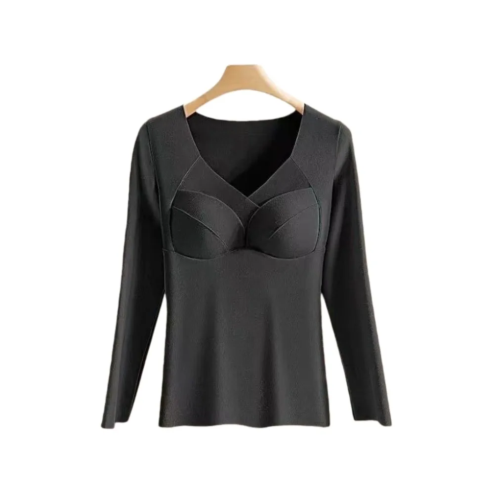 

V Mesh Neck Women Thermal Clothes Invisible Solid Color Thermal Underwear Feel Heating Velvet Fleece Warmth Long Tops