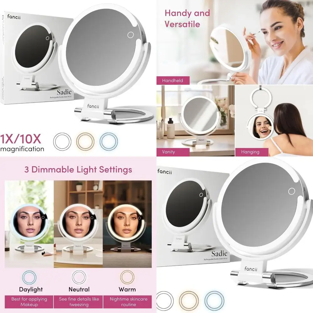 Miroir de maquillage double face éclairé par 9 LED, grossissement rechargeable 10x/1x, commande tactile, miroir de courtoisie portable avec 3 lumières