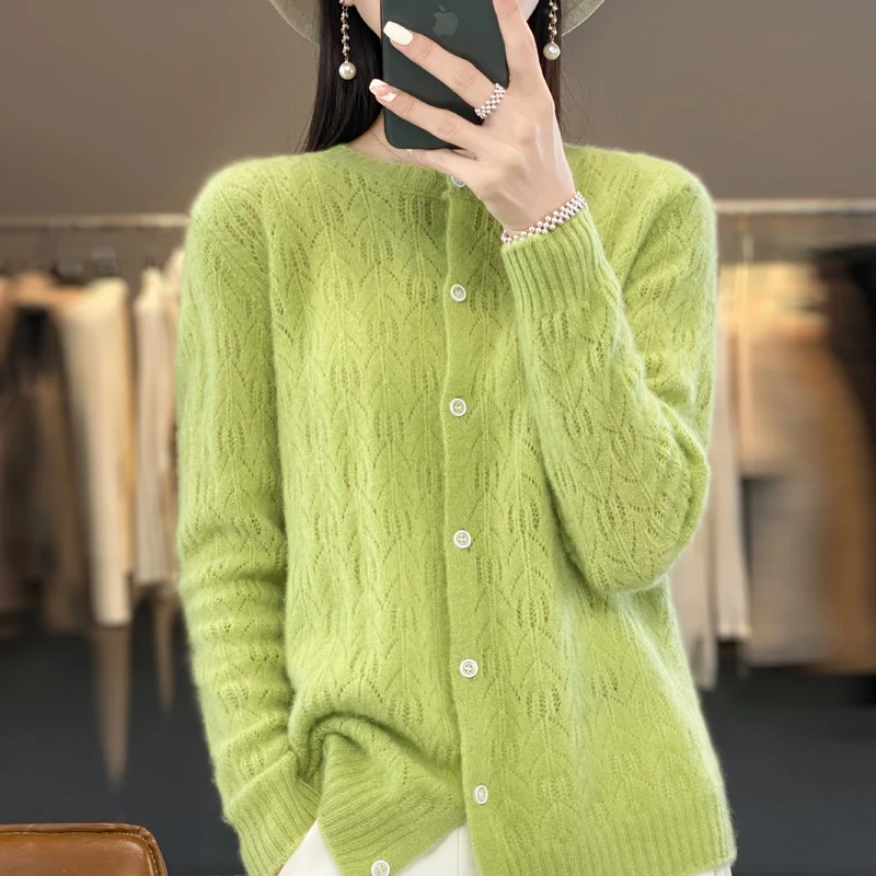 Wool Cardigan Sweater Women O-neck Long Sleeve Top Knitted Korean Style Hollow Out New In Outerwear Mujer Knitwear Spring Clothe