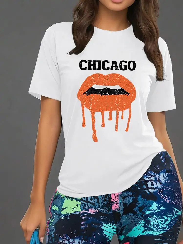 

Sexy Lips With Chicago Print Women T Shirts Two Piece Set Fashion Novel Shorts Sets Summer Breathable Tops Floral Shorts Female
