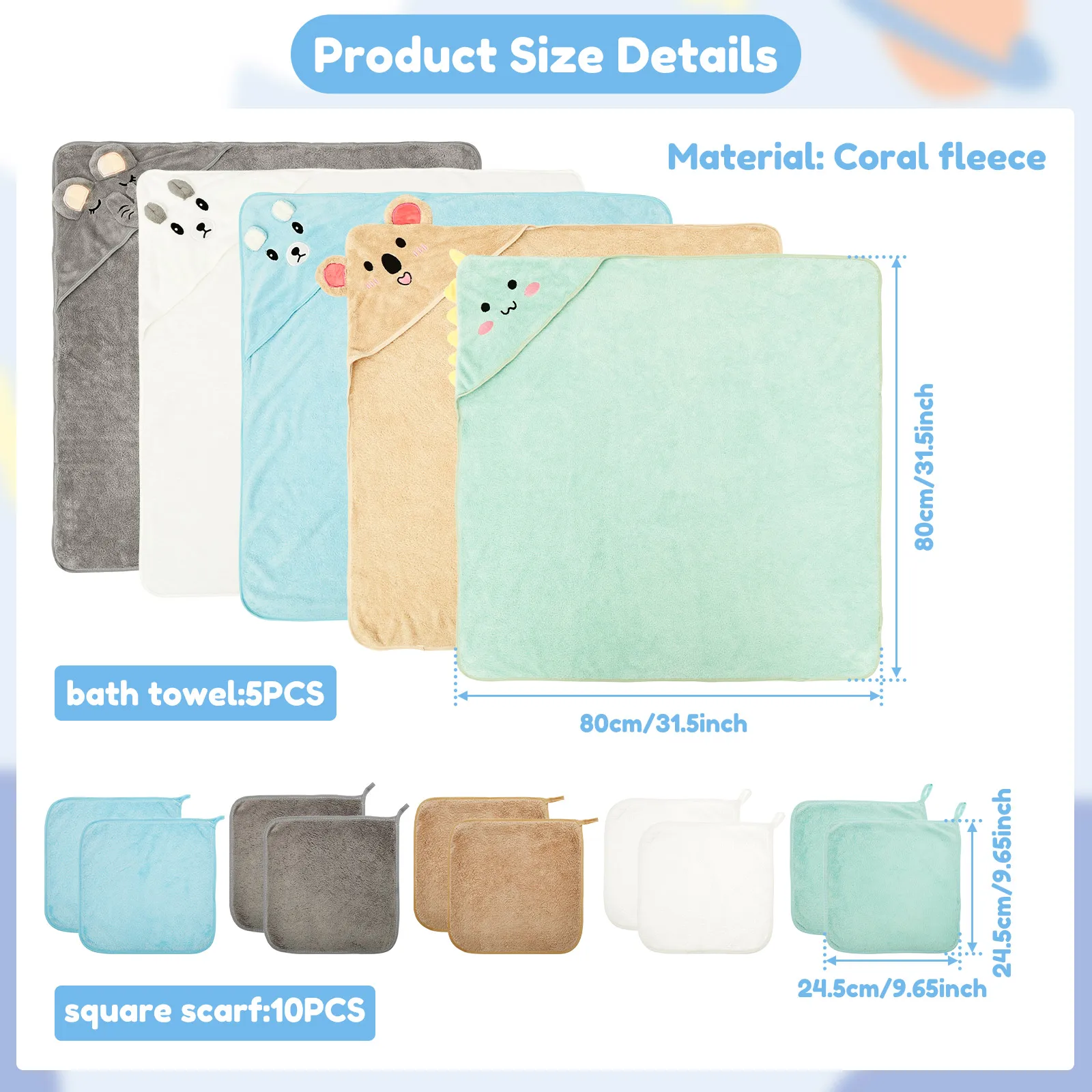 15Pcs Hooded Baby Towel and Washcloth Set Absorbent Coral Fleece Newborn Bath Towel for Girl Boy Infant Toddler Bathrobe Blanket